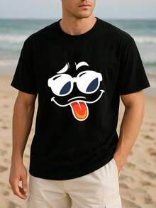 Funny Fashion Glasses With Tongue-Out Face Prints, Simple And Fashionable Men, Short-Sleeved Top, Men's Clothing - màu đen - Xem 8