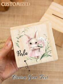 Custom Wooden Money Box Featuring An Adorable Rabbit Design, Personalized With A Name, Perfect For Collecting Coins. A Great Gift Idea For Birthdays. - Multicolor - View 6