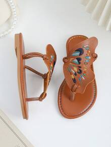 1 đôi dép lê thời trang mùa hè cho bé gái, họa tiết cánh bướm nhiều màu sắc, đường may tinh tế, màu nâu cổ điển, dép xỏ ngón đi biển, thích hợp cho mang hàng ngày, dự tiệc bãi biển. - màu nâu - Xem 5