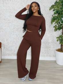 Women's Casual Sports 2 Pieces Set, Spring Season, Boat Neck Long Sleeve Top, High Waist Pocket Straight Leg Pants - Brown - View 1