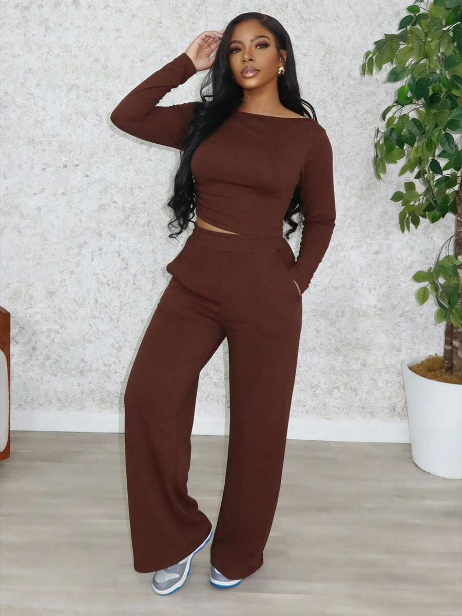 Women's Casual Sports 2 Pieces Set, Spring Season, Boat Neck Long Sleeve Top, High Waist Pocket Straight Leg Pants - Brown - View 1