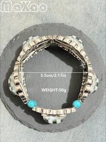 高品質女款歐美復古波希米亞風西式印花合金彈力手鍊，適合日常穿著、約會與主題派對，配戴時會收到朋友許多讚美 - 多色黑白方格 - 查看 6