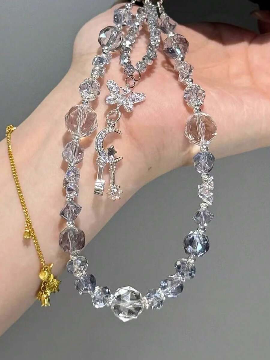 1条新款奢华水晶方糖串珠精致闪亮手机挂绳 - 透明藍 - 查看 1