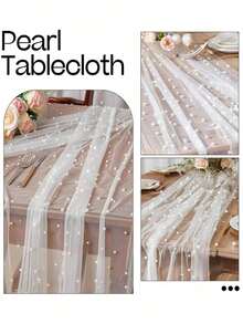 1pc Pearl Decor Table Runner, Wedding White Pearl Voile Tablecloth, Wedding Arch Decor, Bridal Shower Gift, Party Decor, Chair Sash, Event Backdrop Decor, Christmas, Wedding Decorations In New Nylon Mesh Fabric With Hollow Pearl Design - White - View 4
