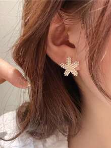 1 Pair Minimalist Faux Pearl Starfish Stud Earrings, Fashionable & Versatile, New Beach Style Earrings - Gold - View 2