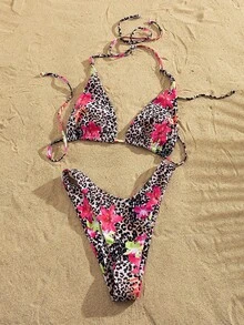 Bộ bikini buộc dây cổ gợi cảm họa tiết da báo và hoa dành cho nữ, thích hợp cho kỳ nghỉ biển. - Nhiều màu - Xem 5