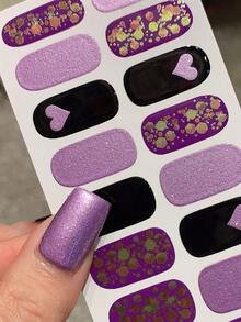 5张全包式指甲油贴纸，闪亮爱心法式美甲情人节自粘指甲贴条，适合女性和女孩，DIY美甲套装，美甲用品 - 彩色 - 查看 9