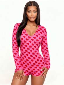 Women's Deep V Neck Shorts Long Sleeve One Piece Bodysuit Pajama  Bodycon Rompers Overall Valentine's Day Loungewear Jumpsuit - 玫紅色 - 查看 2
