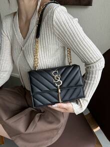 Fashionable Versatile Textured Chain Strap Crossbody Bag - Black - View 2