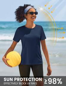 KEFITEVD Women's Short Sleeve T-Shirts UPF 50+ Sun Protection Quick Dry Athletic Running Workout Rash Guard Tops - Azul Marino - Ver 4