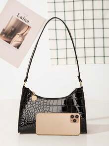 Solid Color Embossed Geometric Shoulder Bag With Zipper, Women's Shoulder Bag, Fashion Retro Zipper Bag, Casual Waterproof Handbag For Teen Girls, Women, College Students, Rookies & White-Collar Workers. Perfect For Office, Work, Business, Commute. Best Work Bag For Women., Retro Inspired Bag For Women - 黑色 - 查看 7