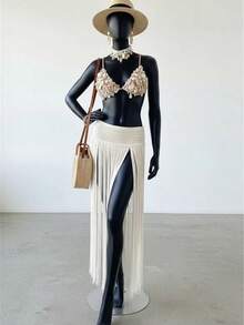 Awevudst Women's Crochet Knitted Swimwear Cover Up Long Maxi Skirts Wide Waistand High Waist Fringe Hem Beach Skirts Summer Swimwear Beachwear Vacation Bathing Suit Coverup Maxi Dress - 白色 - 查看 4