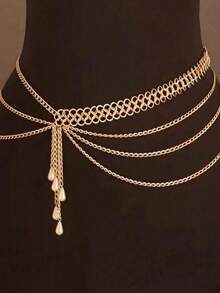 1pc Multi-Layer Chain Tassel Pearl Waist Chain, Suitable For Summer, Autumn, Halloween And Other Occasions - Gold 1 - View 1