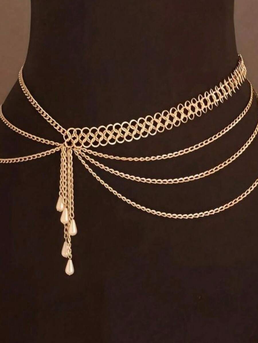 1pc Multi-Layer Chain Tassel Pearl Waist Chain, Suitable For Summer, Autumn, Halloween And Other Occasions - Gold 1 - View 1