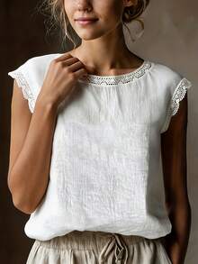 Áo thun ngắn tay kiểu vintage chất liệu giả vải lanh dành cho nữ, cổ tròn, dáng rộng, phối ren, chất liệu pha lanh thoáng khí, màu trắng thường ngày cho mùa hè. - trắng - Xem 6