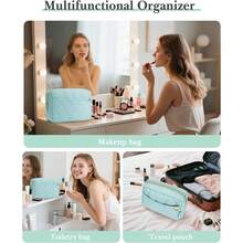 Makeup Bag, Travel Cosmetic Bag, Puffy Padded Toiletry Bag For Women, Makeup Organizer Case, Wide-Open Pouch Purse, Travel Essentials  Valentine's Day Gifts Thanksgiving Day Gifts - 灰藍色 - 查看 5