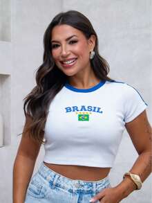 Baby Look Blouse Brazil Embroidered Stars Ribbed World Cup 2026 Vibe Contrasting Waist Beach Vacation - 白色 - 查看 1
