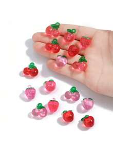 5个树脂透明逼真3D草莓樱桃吊坠，DIY饰品，耳环，手机壳，钥匙扣配件