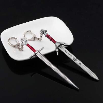 1 pieza Llavero de espada de plata de 12 cm, periféricos del juego The Witcher Wild Hunt, modelo de arma de cabeza de lobo medieval de metal como regalo de artesanía