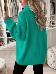 Femmes grande taille Mode simple Pull rose col montant manches longues, Top tricoté ample et décontracté, Convient pour la Saint-Valentin et le port quotidien - Bleu canard - Voir 6