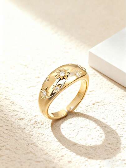 Newsoul 1枚优雅八角星形戒指，S925纯银首饰，精致可调节单环戒指，精美配饰，适合日常佩戴或作为女孩派对礼物