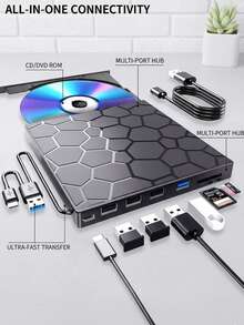 8合1外置CD/DVD刻录机，USB 3.0和Type-C双接口，超薄便携，8倍读写速度，即插即用无需驱动，兼容笔记本电脑/台式机/Windows 11/10/8/7/Linux系统，支持CD/VCD/DVD数据备份和视频播放，具备纠错功能，外置光驱