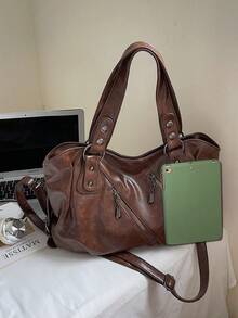 1 chiếc túi tote nữ kiểu vintage, túi xách tay tối giản dung tích lớn, túi đeo vai thời trang dành cho sinh viên/công sở. - màu nâu - Xem 4