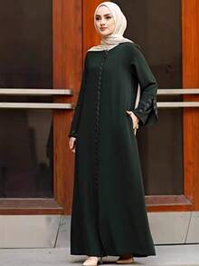 Women's Dark Green Elegant Long Robe, Decorated With Sequin Details, Long Sleeve Round Neck Woven Long Dress Fall - Dark Green - View 6