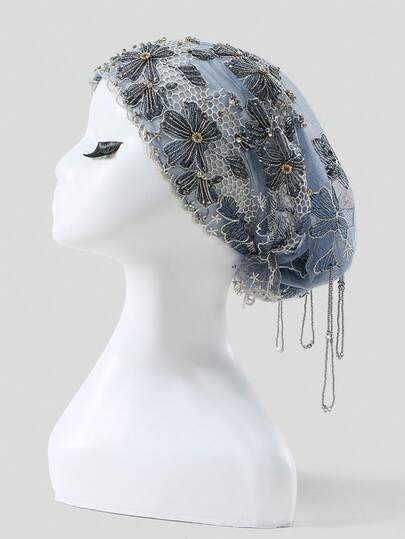 1pc Women's Luxury Fashion Headscarf, Floral Embroidery Beaded Lace Headscarf, Lightweight Breathable Lace Headband With Beaded Tassel, Versatile For Hijab Daily Wear, Party And More Occasions