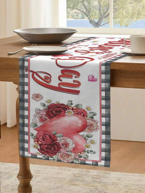 Custom Text Valentine's Day Table Runner With Buffalo Plaid Border, Personalized Floral Heart Print Table Decor, Farmhouse Style Romantic Table Setting For Anniversary