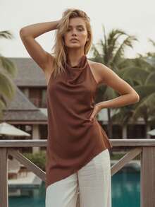 Women's Asymmetrical Halter Top Dressy Sleeveless Flowy Tank Tops Sleeveless Asymmetrical Halter Top High Neck Loose Fit Flowy Tank Top Backless Casual Dressy Blouse Shirts - 咖啡棕 - 查看 5
