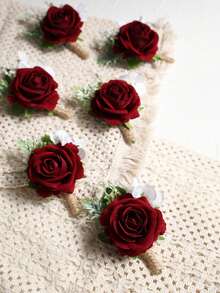 1pc/6pcs Elegant Princess Rose Flower With Foam Baby's Breath Romantic Boutonniere, Suitable For Groom, Groomsman, Bride, Bridesmaid, Wedding, Engagement, Banquet, Party - Dark Red - View 4