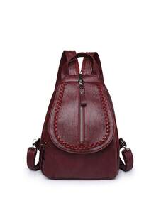 Fashionable PU Leather Retro Flap Backpack, Multi-Layer Shoulder Bag With Various Carrying Ways, Suitable For Back To School Students - Burgundy - View 2
