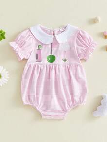 Mono de golf bordado para niña, mono de verano de manga corta con cuello de muñeca a rayas - Rosa - Ver 2