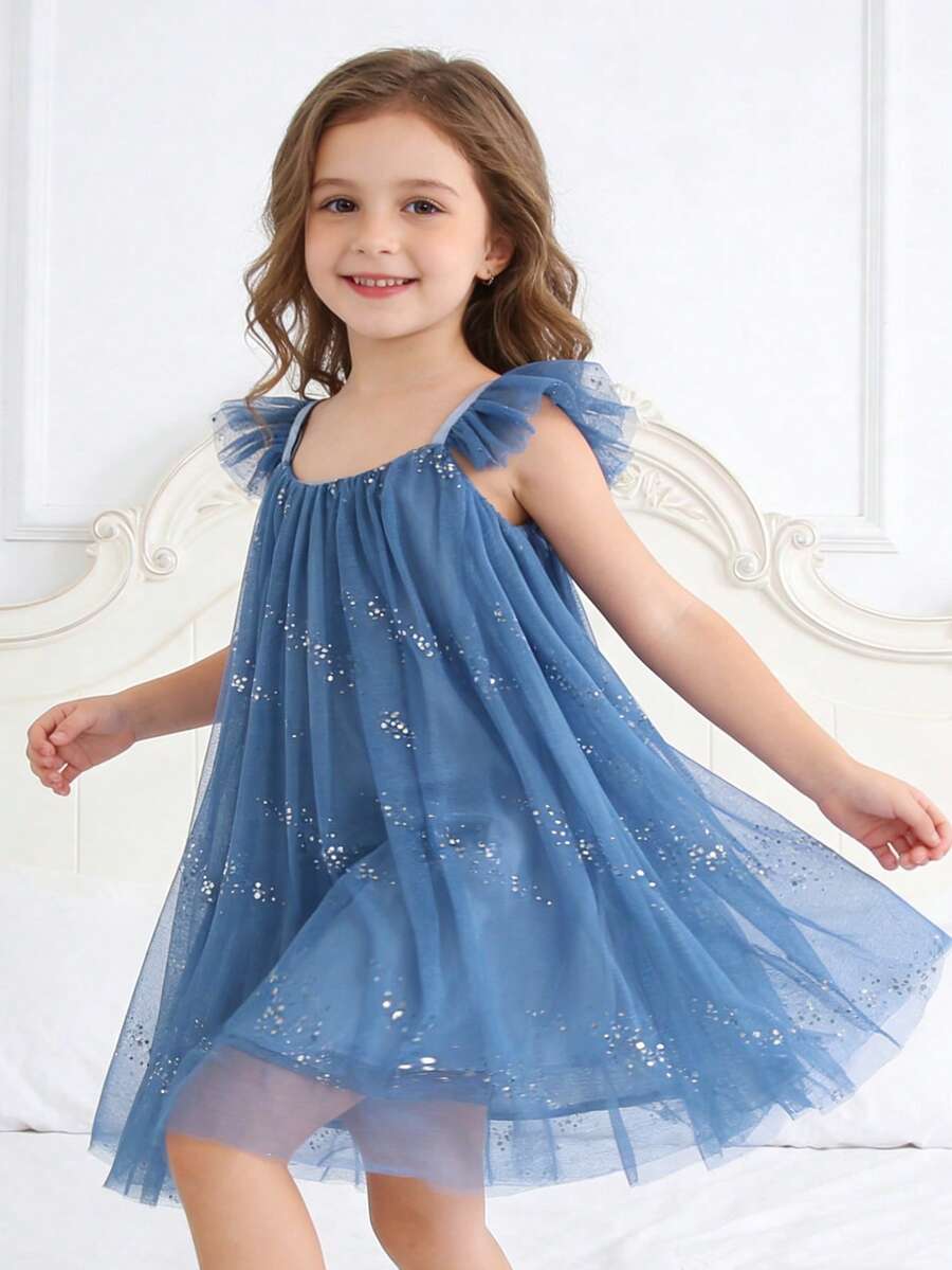 1pc Young Girl Elegant Luxurious Cute Lady Sweet Princess Bow Tie Sparkling Sequin Big Tulle Tutu Dress, Party Dress, Birthday Gift, Holiday, Celebration, Banquet, All Season - Dusty Blue - View 1