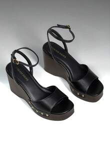 Women's Wedge Sandals 3.94inch Platform Square-Toe Dressy Ankle Buckle Studded Fashion Elegant Sandals Summer Black Shoes - màu đen - Xem 6
