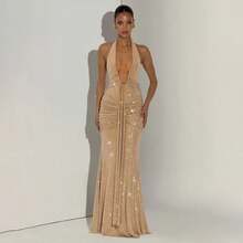 Party Dress: Women's Halterneck Pleated Dress With Deep V Neck & Backless Design For Evening - Màu Khaki - Xem 7