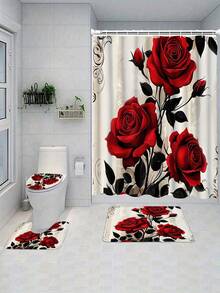 1/4 件套精美玫瑰花浴帘套装，装饰浴室套装，包含印花浴帘、防滑浴垫、马桶盖套、浴室地毯和 12 个塑料挂钩，浴室配件，家居装饰，宿舍装饰，农舍装饰 - 彩色 - 查看 20