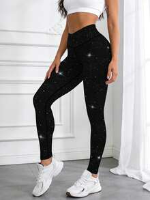 女士经典亮片黑色底印花高腰紧身裤，健身瑜伽紧身裤 - 黑色 - 查看 1