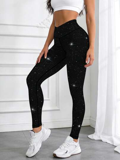 女士经典亮片黑色底印花高腰紧身裤，健身瑜伽紧身裤