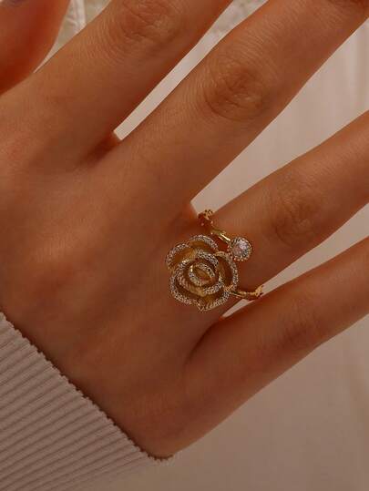 1枚时尚立方氧化锆玫瑰花戒指，女士金色几何戒指，婚礼派对首饰，情人节礼物