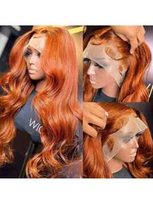 YGQWD 34 Inch Ginger Orange Body Wave 13X4 Lace Front Wigs Pre Plucked 200% Density Soft And Thick #350 Colored Lace Frontal Wig Human Hair Blended Hair For Women High Quality Wig Matches All Skin Tones Natural Looking Halloween Accessories Valentine's Day Gifts For Women - S350 - 查看 3