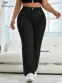 Quần jeans nữ cỡ lớn kiểu boyfriend màu đen, dáng suông, đính đinh tán - Quần denim phong cách đường phố cổ điển. - màu đen - Xem 2