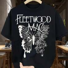 Women Round Neck Tee 1Pcs 100% Cotton 220g Fleetwood Band Butterfly Print Digital T Shirt - Negro - Ver 2