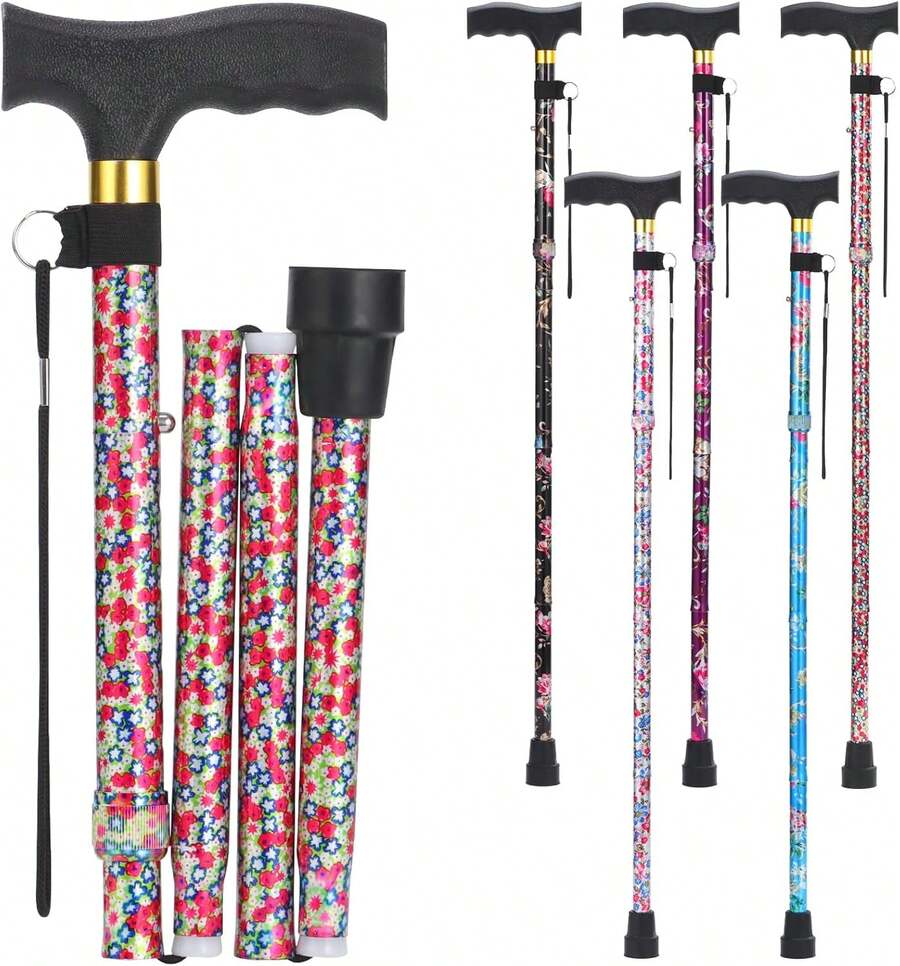 Bastón de caminar para mujeres y hombres, plegable, ligero, elegante y plegable, bastón plegable |   bastones para personas mayores y adultos con cómodo mango en T - estampado de flores - Ver 1