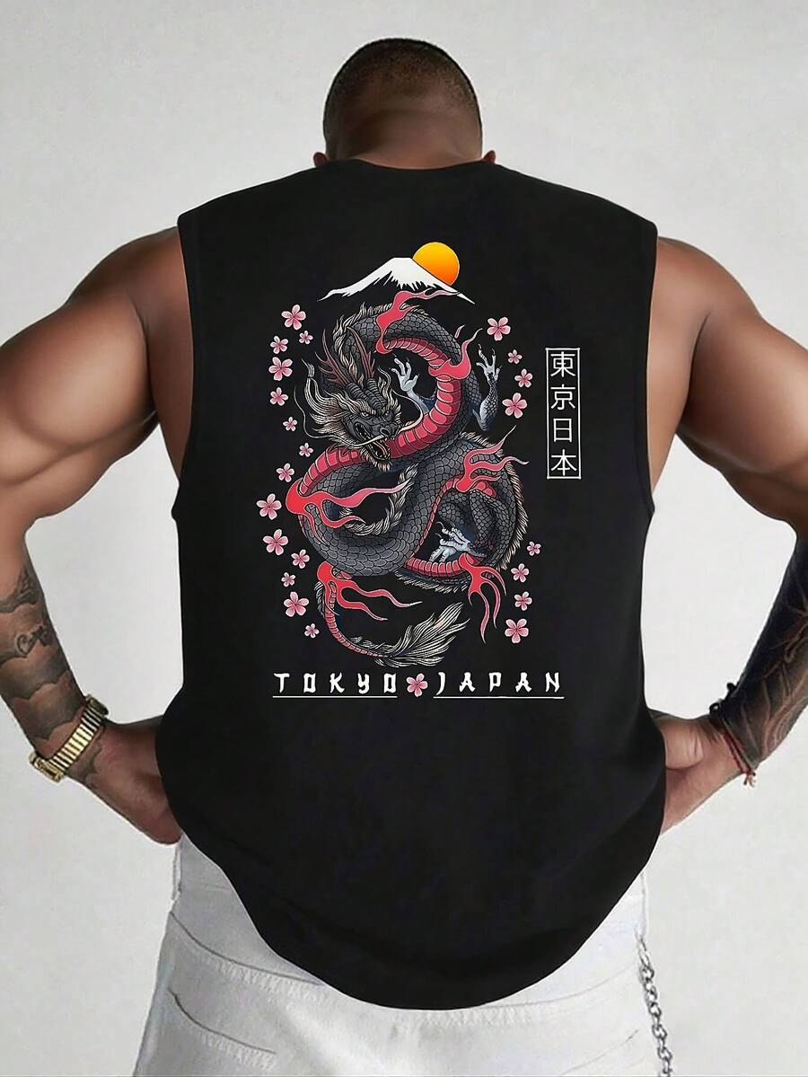 1pc Men's Casual Sleeveless Printed Round Neck Tank Top, Suitable For Sports, Fitness And Daily Wear, Summer - Black - View 1