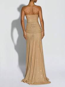 两件套优雅成熟浪漫性感网纱不对称/不对称网纱拼接系带透视扭结女士派对礼服，适合鸡尾酒会、婚礼、生日派对、周年纪念、毕业派对、音乐节、约会之夜、舞会、正式晚宴、毕业舞会、舞台和音乐会等场合，春夏秋季皆宜。香槟色闪亮网纱拼接半透明优雅知性奢华女士抹胸紧身连衣裙+围巾配饰，适合情人节、狂欢节、妇女节、斋月、开斋节等场合。 - 香檳色 - 查看 5