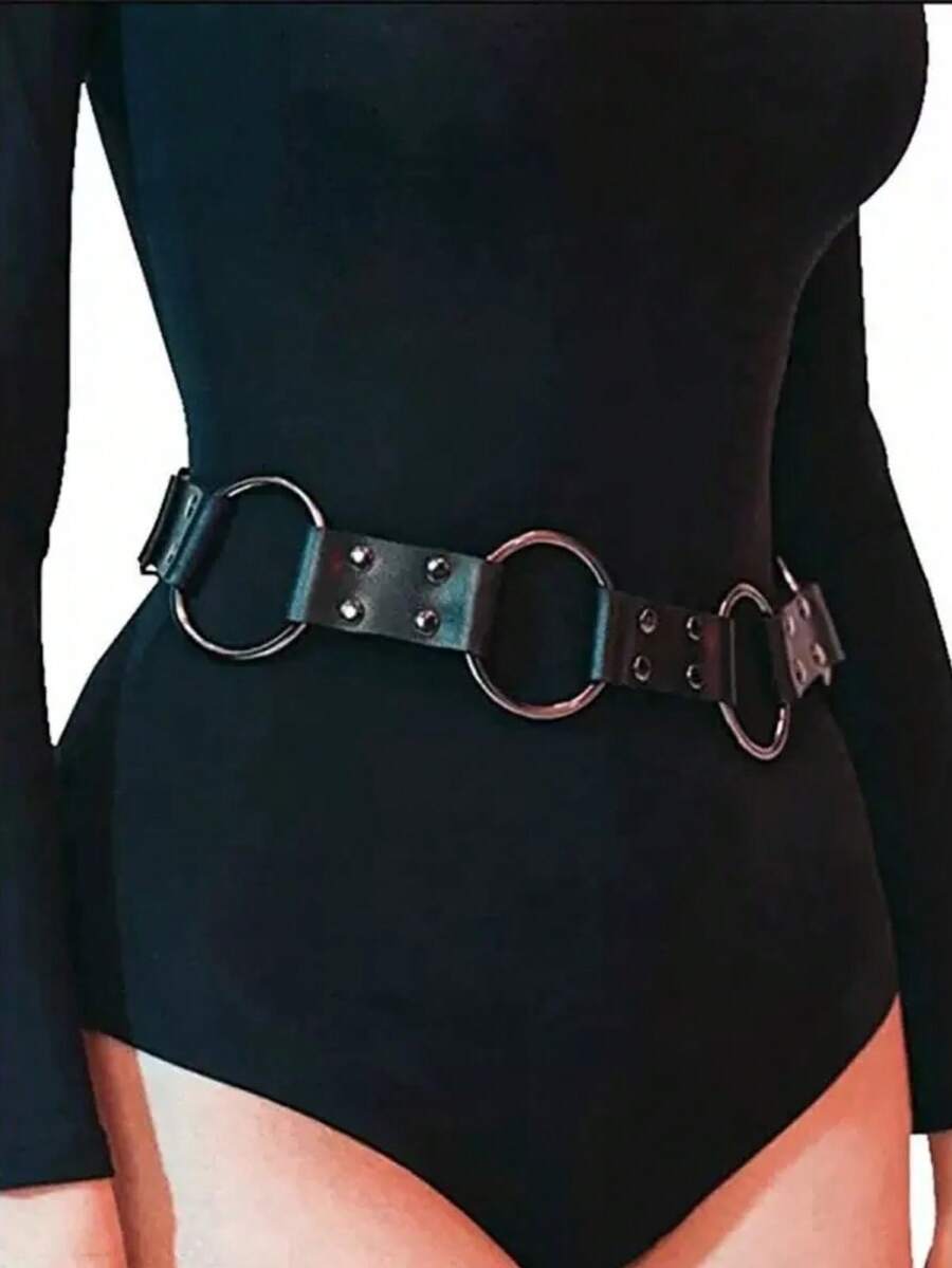 Punk Style Waist Chain Sexy Extra Large Round Ring Waist Belt Accessory, Women's Solid Color Casual PU Leather Adjustable Waist Belt, Suitable For All Seasons - Black - View 1