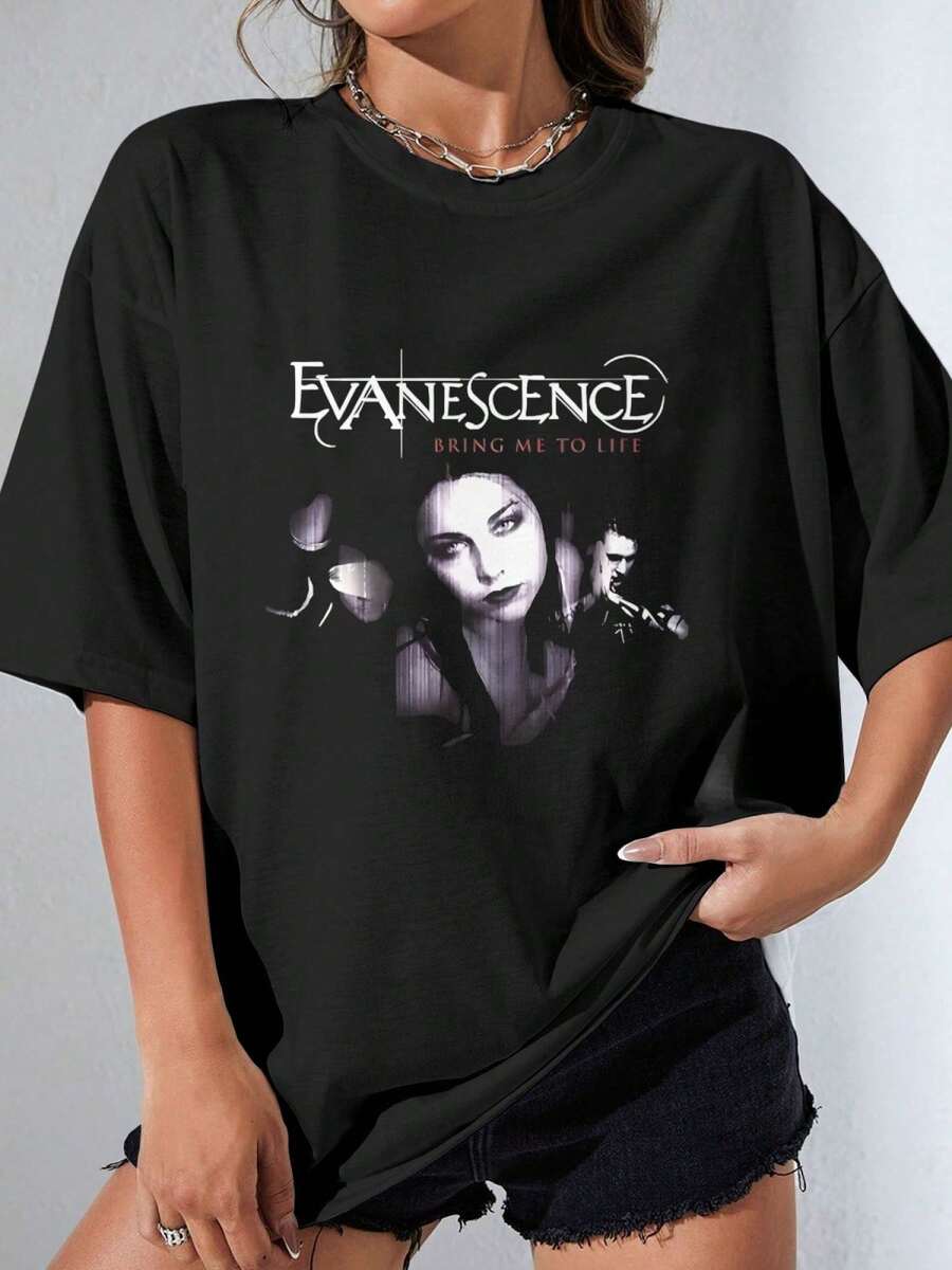 EWH Retro, Rock, Men's And Women's Short Sleeve, T-Shirt,  Iconic, Printed, Loose Street, Top, Music, Culture, Street Style - 黑色 - 查看 1