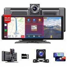 4K Ultra HD Dual-Camera DVR With Voice Control - 10.26 Inch Large Screen, Wireless CarPlay & Android Auto, 1080p Rear Camera, Loop Recording, WiFi, Call & Navigation, FM/AUX, Easy Stick-On Mount, Includes 64GB Memory Card - Perfect For All Vehicles - 後退 - 查看 1